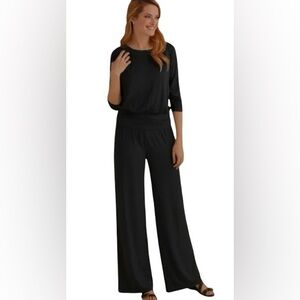 Soft Surroundings Black Modal Blend Wide Leg Jumpsuit 3/4 Sleeves Small